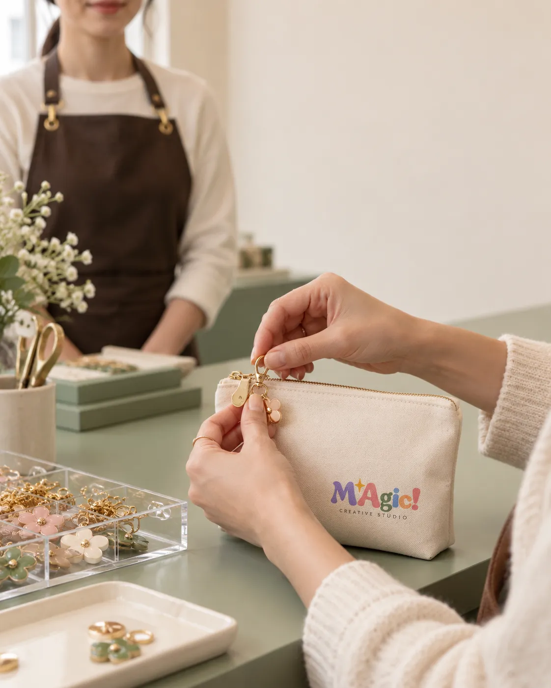 Una clienta engancha un charm de flor al cierre de un neceser de MAgic!