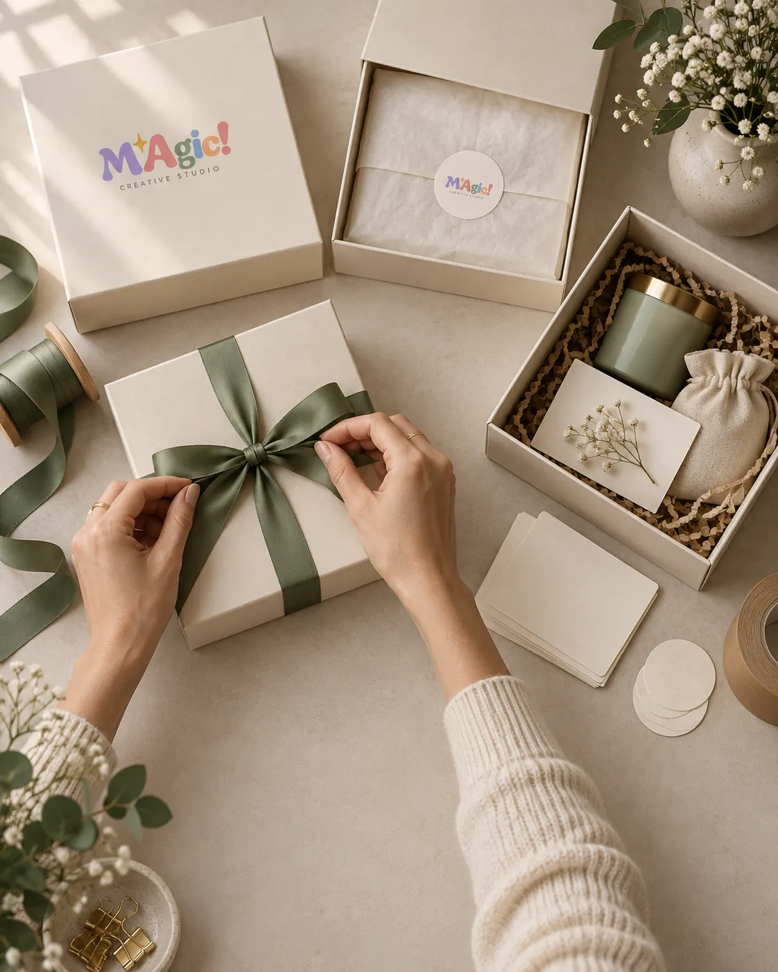 Manos atan un moño verde sobre cajas de regalo de MAgic! listas para entregar