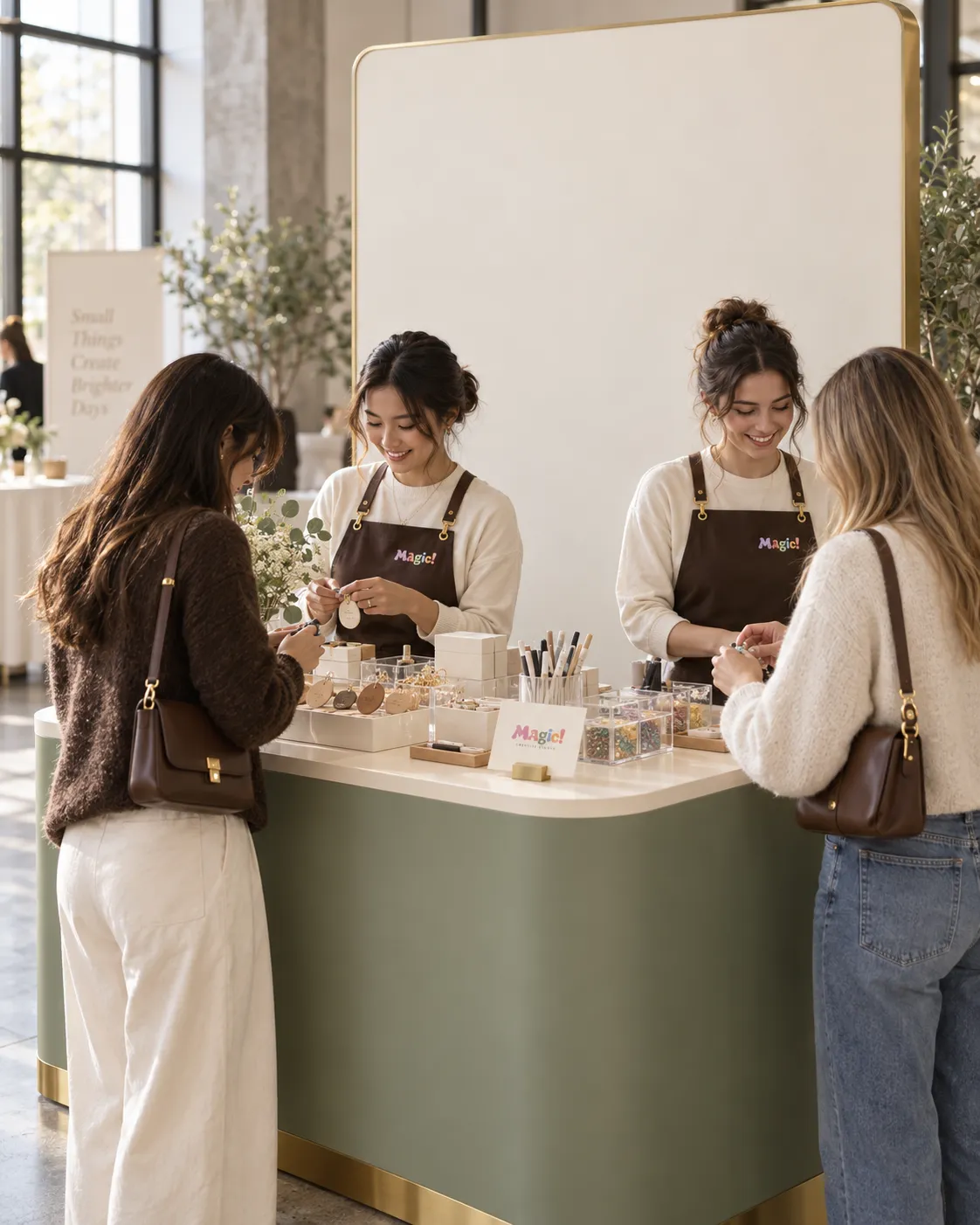 Dos anfitrionas de MAgic! atienden a clientas en una estación de charms en un evento de marca
