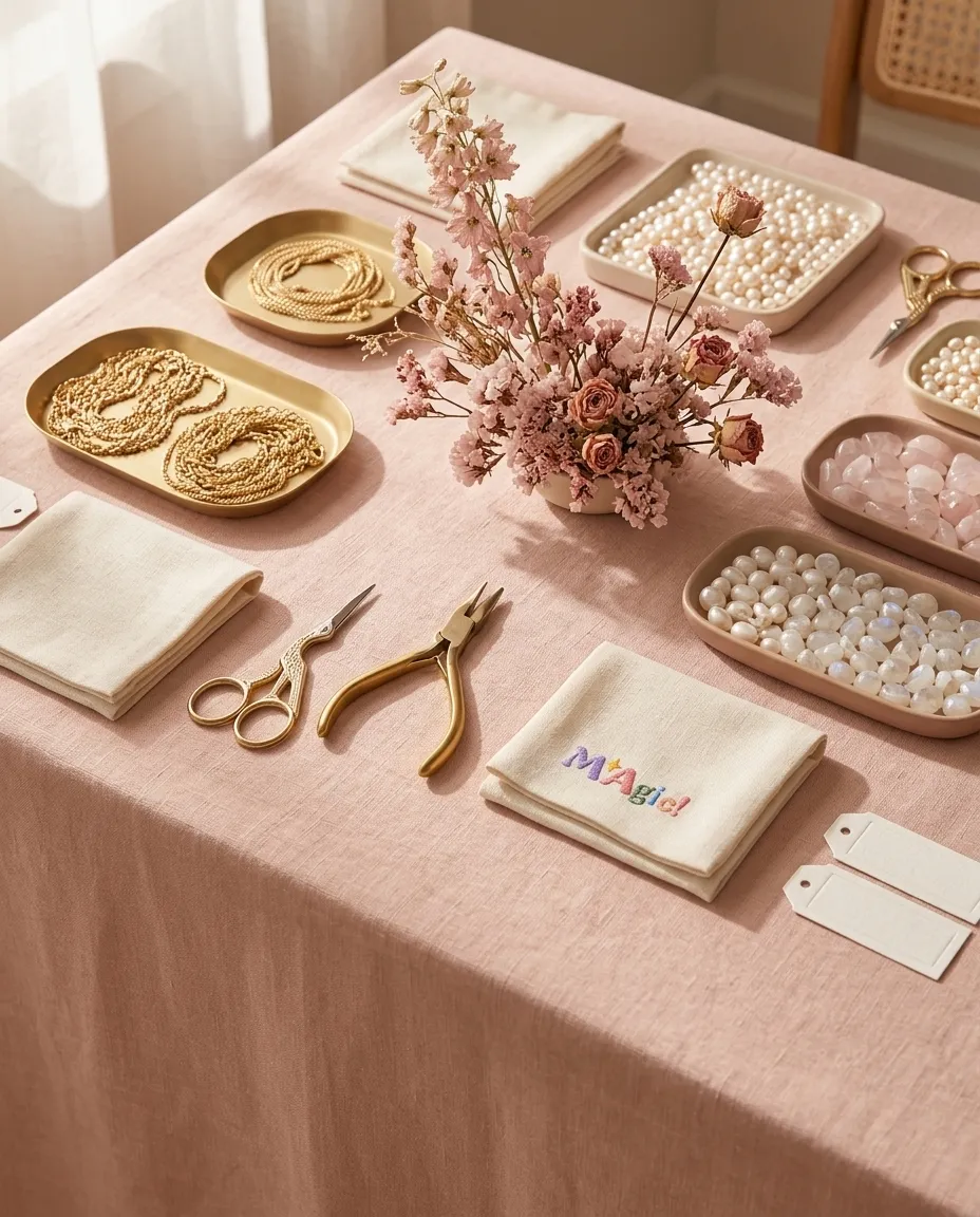Mesa con mantel rosa, perlas, cadenas doradas, pinzas y bolsitas de tela de MAgic!