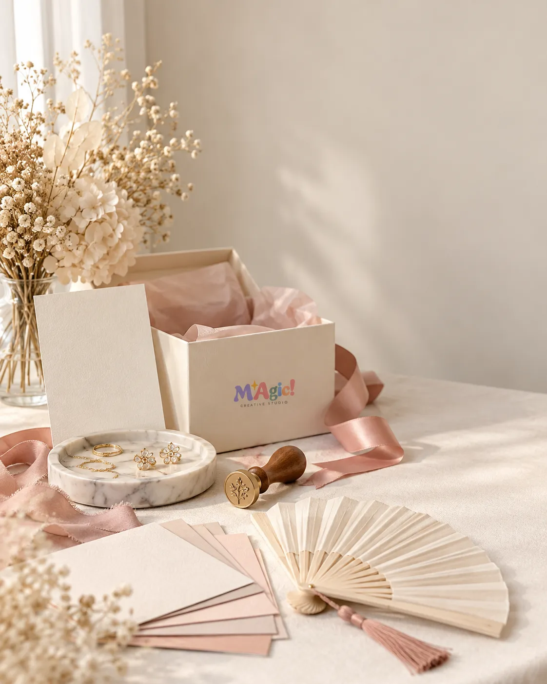 Caja de regalo de MAgic! con papel rosa, aros y anillos dorados, abanico, tarjetas y cintas