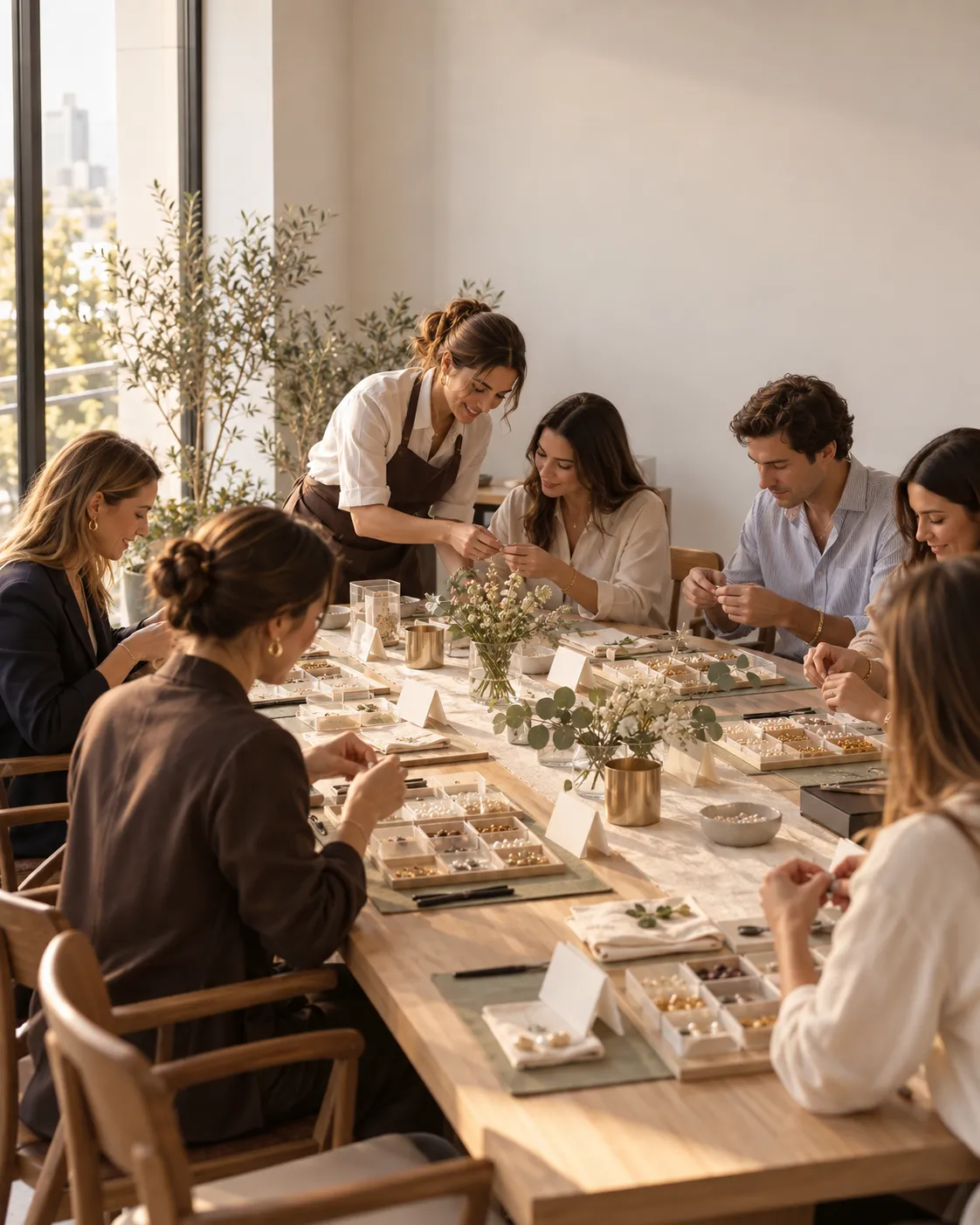 Un grupo armando piezas en una mesa larga junto a la ventana, con una instructora de MAgic!
