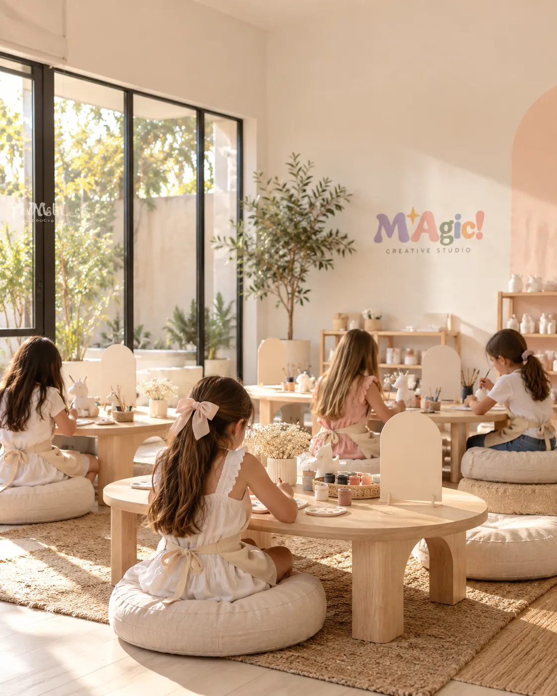Nenas pintando figuras de cerámica en mesas bajas, sentadas en almohadones, en un estudio luminoso de MAgic!