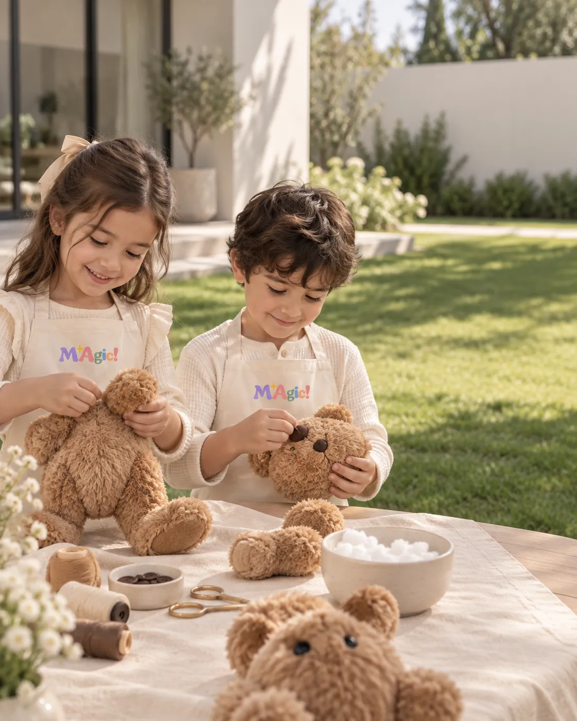 Dos chicos con delantales de MAgic! armando osos de peluche en una mesa al aire libre
