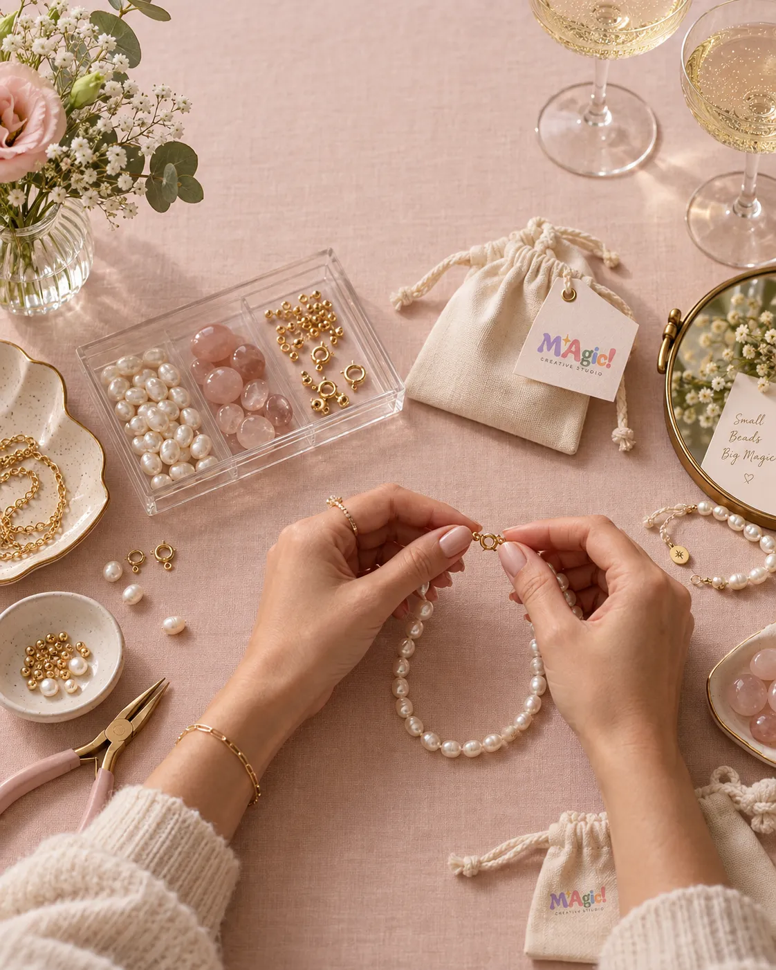 Manos enhebrando un collar de perlas sobre una mesa rosa con cuentas y bolsitas de MAgic!