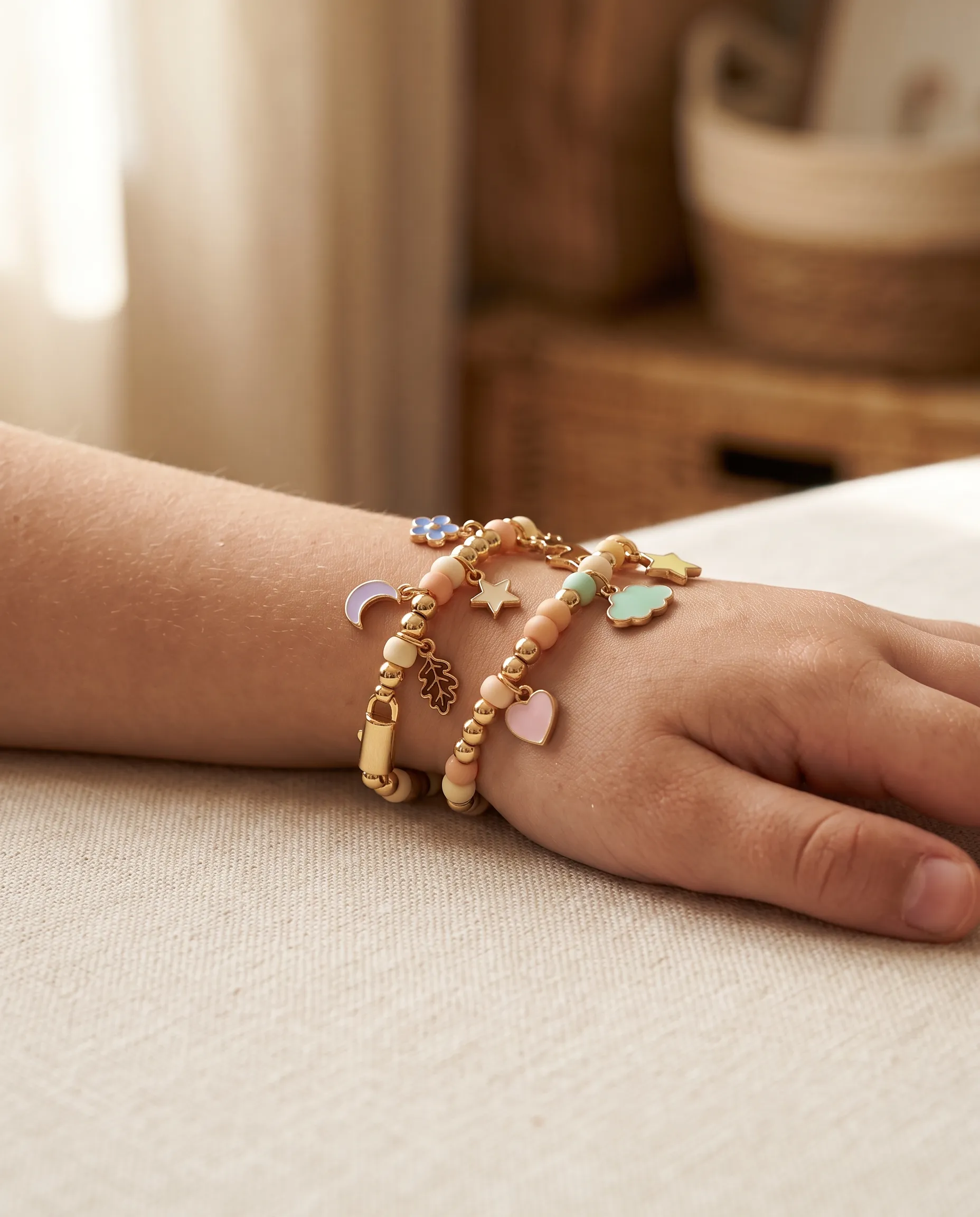 Una muñeca con pulseras doradas y charms de colores