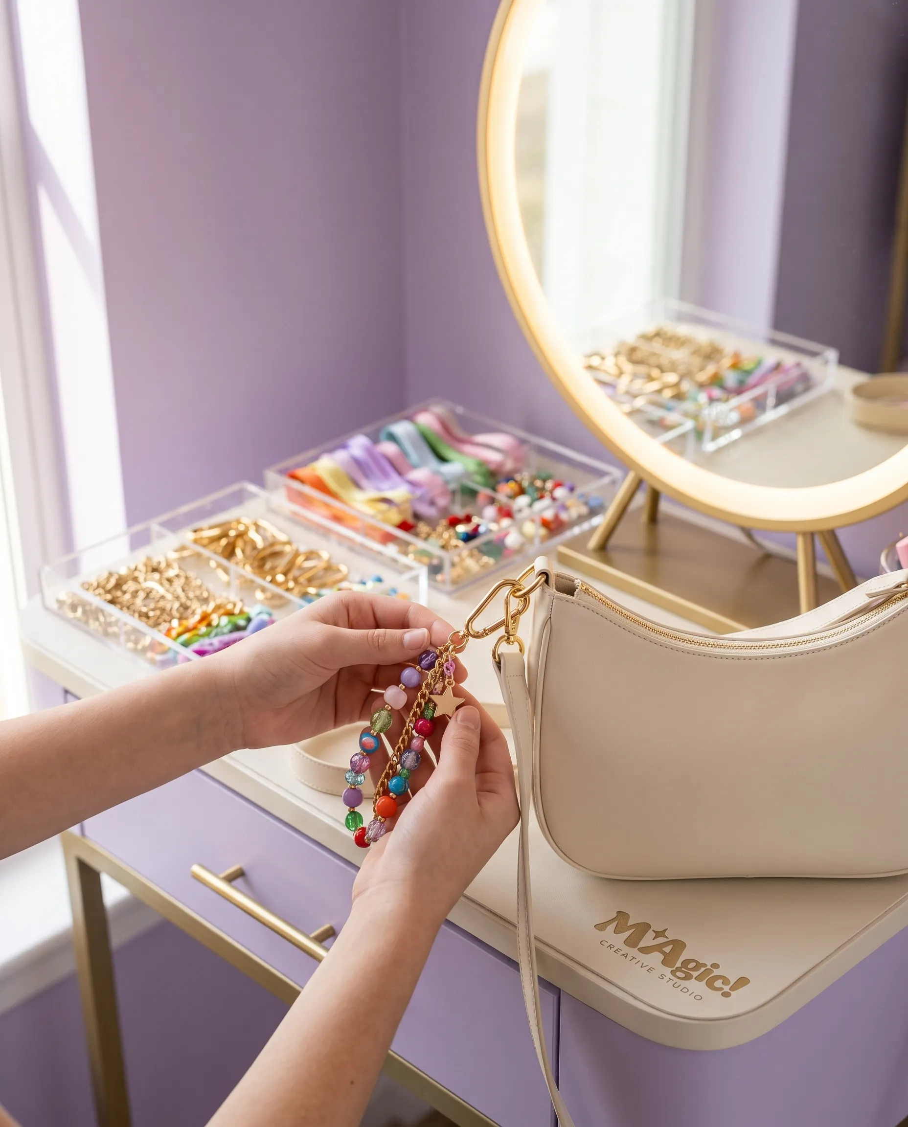Manos enganchan un bag charm de cuentas de colores a una cartera crema