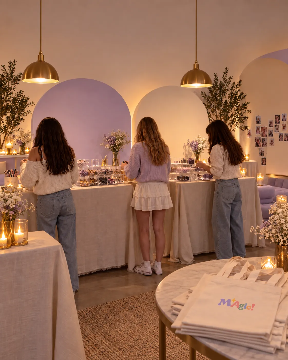 Chicas eligiendo charms en una mesa con luces cálidas y arcos lilas